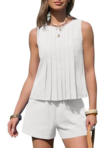 EXLURA Linen Sets for Women 2 Piece Sleeveless Pleated Babydoll Tops Casual Matching Short Set Summer Beach Vacation Outfits - Image 1