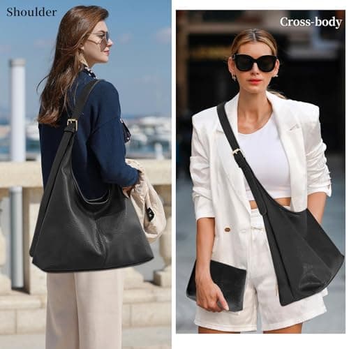 MaijjLyn Hobo Bags for Women Tote Bag Retro PU Leather Shoulder Handbags Slouchy Crossbody Hobo Purses with Coin Purse 2PCS Black - Thumbnail 2
