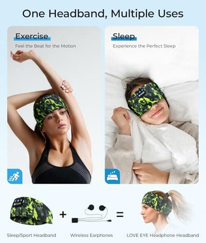 LOVE EYE Sleep Headphones Headband Bluetooth 5.4, Sports Headband Earphones Wireless Sleeping Eye Mask with HD Stereo Speaker for Workout Jogging Yoga Insomnia Travel Meditation Gifts (Painting Green) - Thumbnail 2