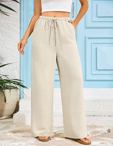 LOOKBOHO Women Flowy Pants Drawstring Waist Wide Leg Palazzo Beach Pants Loose Fit with Pockets Apricot XL - Thumbnail 5