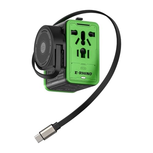 Mfish Universal Travel Adapter with Retractable USB-C Cable, 75w 5-Port International Plug Adapter, 1 USB-A, 3 Type-C, Worldwide Wall Charger for EU/UK/AUS/CN Compatible With Over 200 Countries, Black