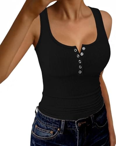 GKBK Womens Backless Ribbed Tank Tops Scoop Neck Low Cut Sexy Casual Slim Fit Sleeveless Summer Henley Cami Shirts Black - Image 1