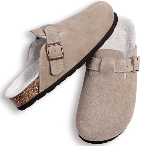 KIDMI Women's Fur Lined Suede Clogs Fuzzy Cork Footbed Mules Slip On Winter Potato Shoes, Taupe 46 (Size 14) - Thumbnail 6