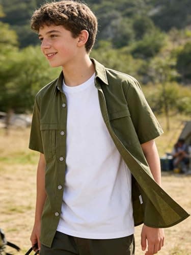 Funnycokid Boys Dress Shirts Button Down Short Sleeve Size 16 15 Teen Army Green Casual Cotton Woven with 3 Pockets - Thumbnail 6