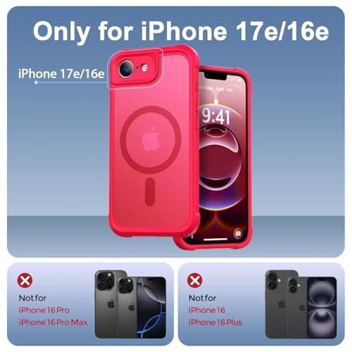 Thomo Magnetic for iPhone 17e Case/iPhone 16e Case, [Full Camera Protection] [Compatible with Magsafe] Military-Grade Shockproof, Anti-Fingerprint Translucent Matte Phone Case,Red - Thumbnail 2