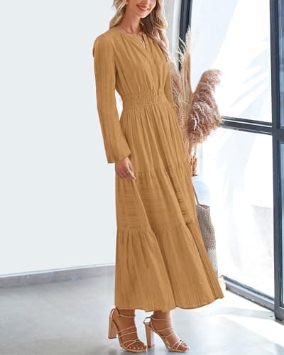 BTFBM Spring Dresses for Women 2026 Casual Long Sleeve V Neck Elastic Waist Lightweight Maxi Wedding Guest Dress Pockets(Khaki, Large) - Thumbnail 6