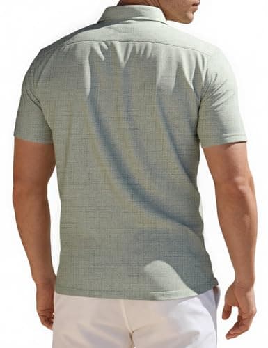 Tmeefee Linen Shirts for Men Casual Short Sleeve Button Down Shirt Cool Summer Beach Wedding Vacation Tops Green - Thumbnail 4