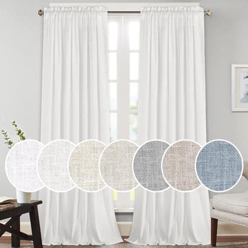 PrinceDeco White Linen Curtains 108 Inch Length 2 Panels Set, Rod Pocket Curtains for Living Room, Light Filtering Curtains for Bedroom/Living Room Energy Saving Vertical Drapes - Image 1