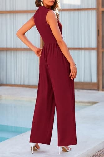 PRETTYGARDEN Womens Summer Jumpsuits Dressy Casual One Piece Outfits Sleeveless Mock Neck Wide Leg Pants Rompers with Pockets (Wine Red,X-Large) - Thumbnail 2