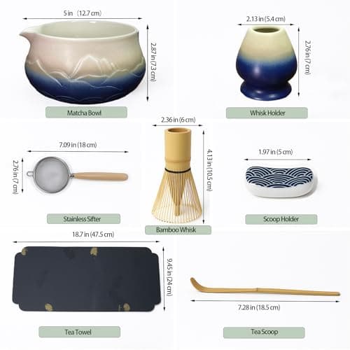 Losyslnt 7 Pcs Matcha Whisk Set - Complete Matcha Kit Set Includes Matcha Bowl with Spout, Bamboo Whisk with Holder, Scoop, Sifter, Scoop Holder, Tea Towel - Ideal Gift for Matcha Lovers (B-Blue) - Thumbnail 5