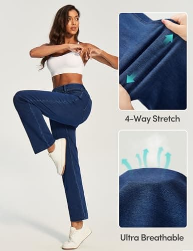 IUGA Straight Leg Jeans for Women Stretchy Pull On Sweatpant Jeans Women High Waisted Bootcut Jean Trendy Denim Pants Dark Blue - Thumbnail 4