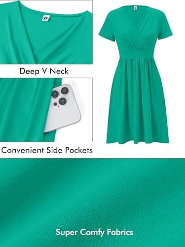 Heymoments Women's Summer Comfy Swing Sundress Green Medium Short Sleeve Casual Midi Dress Empire Waist Wrap V Neck A-Line Classy Beach Vacation Teacher Dresses with Pockets - Thumbnail 4