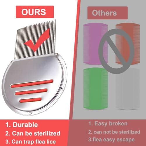 Flea Comb for Cats,Lice Comb for Kids-Stainless Steel Nit Comb Quick Results for Head Lice,Pets Human Peine Para Piojos -Thick Hair&Fine Hair (RED) - Thumbnail 6