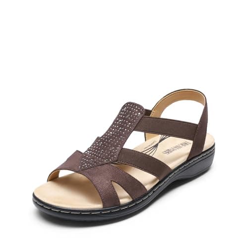 DREAM PAIRS Women's Comfortable Arch Support Dressy Flat Sandals Elastic Open Toe Walking Shoes for Summer,Size 6,Brown,SDFS2420W - Image 1