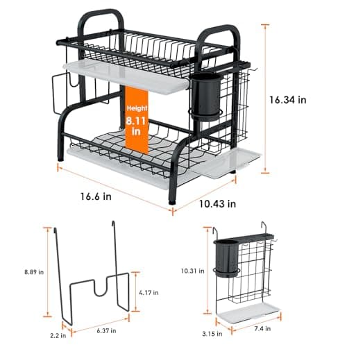 LEGUANG Dish Drying Rack, 2-Tier Stainless Steel Dish Rack for Kitchen Counter or Over Sink, Space Saving Organizer with Removable Drainboard,Home and Appartment Decor, Black - Thumbnail 5