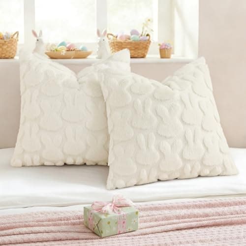 decorUhome Cream White Faux Fur Bunny Throw Pillow Covers 18x18 Set of 2 - Thumbnail 4