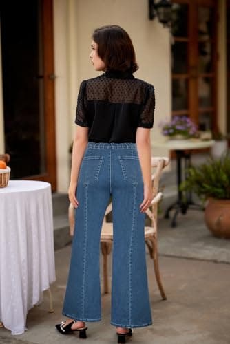 Belle Poque Stretchy Waist Wide Leg Jean for Women Dressy Blue Button Down Work Casual Denim Pants Size 12 Size 14 - Thumbnail 3