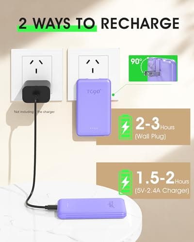 TG90° 5000mAh Portable Charger Built-in AC Wall Plug and Cables, Pocket Size Power Bank, Slim Fast Charging External USB C Battery Pack Compatible with iPhone 17 16 15 14 13 12 Samsung Google iPad - Thumbnail 4