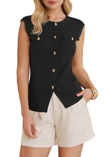 Arach&Cloz Womens 2026 Spring Fashion Capsule Wardrobe Button Down Crew Neck Sweater Vest Dressy Business Casual Tops Trendy Old Money Work Tank Clothes Summer Sleeveless Blazers Outfits Black L - Image 1