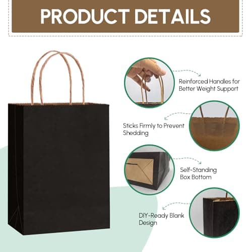 Qioxiou 60 Pack Black Gift Bags 5.91x3.15x8.27 Small Kraft Paper Gift Bags with Handles Bulk, Black Paper Sacks for Small Business, Retail, Shopping, Merchandise, Grocery, Wedding Birthday Party Favor - Thumbnail 3