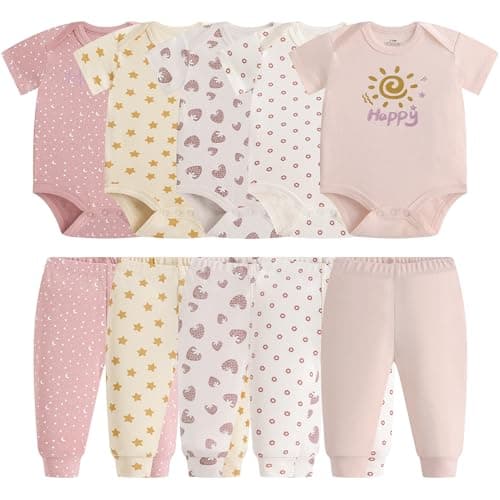 MEYSAHO Baby Newborn Layette 10-Piece Set Cotton Bodysuits Short Sleeve Pants Sets Strawberry Flower Printed for Baby Boys Girls Clothes Unisex Baby Gift Sets for 9 12 Months - Thumbnail 2