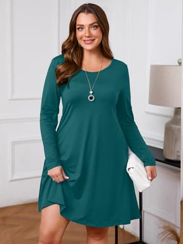 AusLook Women's Plus Midi Dress Long Sleeve Crew Neck A-Line Casual Swing Flowy Floral Vacation Boho Fall Maternity Wedding Guest Work Indigo Blue 5X 2025 Dresses - Thumbnail 2