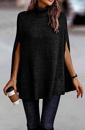 KIRUNDO Women's 2026 Fall Winter Turtleneck Poncho Sweater Fashion Chunky Knit Cape Wrap Sweaters Pullover Jumper Tops(Black, Small) - Thumbnail 3