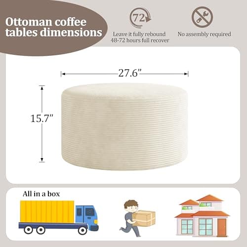 BSHOMGI Coffee Table 32”Ottoman for Couch Plush Corduroy Memory Foam Footstool Cloud Boneless Sectional for Living Room Round Side Table Cushiong No Assembly Makeup Desk (Beige, 32") - Thumbnail 2