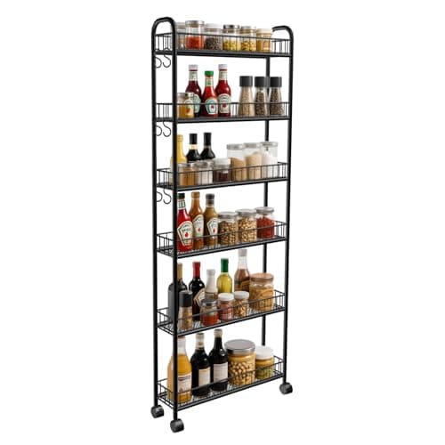 Seadasyoon 6in 6 Tier Slim Storage Cart with Wheels, Narrow Space Rolling Shelving Unit, Metal Wire Mobile Organizer Rack for Kitchen Bathroom Office Laundry - Image 1
