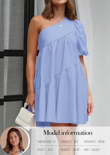 KIRUNDO Summer One Shoulder Mini Baby Doll Dresses Women 2026 Casual Puff Sleeve Loose Tiered A Line Flowy Short Dress(Blue, X-Large) - Thumbnail 4