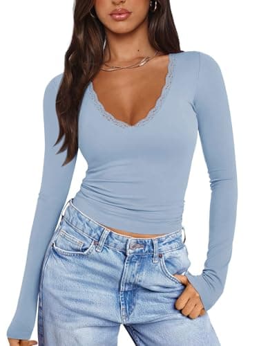 PINKMSTYLE Womens Long Sleeve Shirts Regular Tops Basic Double Layering Tight Slim Fit Y2K T Shirts Winter Clothes 2025 Light Blue Small - Image 1