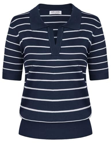Kate Kasin Striped Short Sleeve Sweaters for Women, V Neck Knit Tops, Business Casual Polo Shirts Navy Blue White L - Image 1