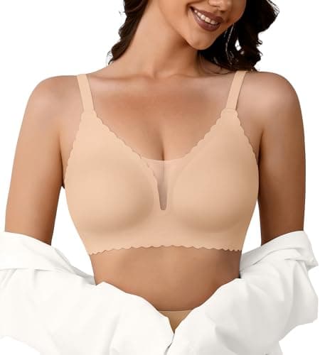 DEANGELMON Wireless Bras for Women Seamless Push Up Bralettes Scalloped V Neck Mesh Bra Tshirts Bra Comfort Everyday Bras(Skin,XXL) - Image 1