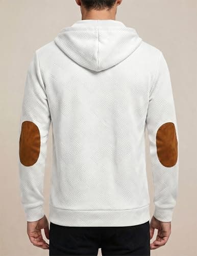 JMIERR Hoodies for men Casual Cotton Textured Long Sleeve Quarter Collar Drawstring Button Early Fall Fashion Pullover Hooded Fall Sweatshirts, S, White - Thumbnail 3