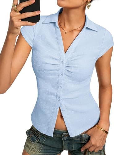 Women Textured Button Down Blouse, V-Neck Ruched Tops with Y2K Collar, Slim Fit Cap Sleeve Going Out Casual Shirt(Blue, S) - Image 1
