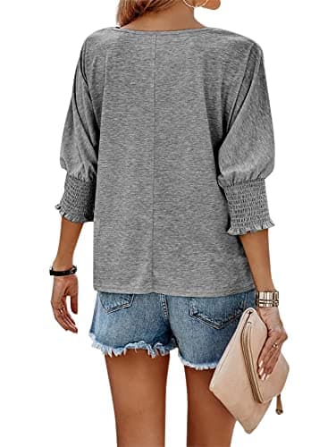 Fazortev Women's 3/4 Sleeve Casual Tops Solid Color Crew Neck Loose Fit Shirts Blouses Grey - Thumbnail 2