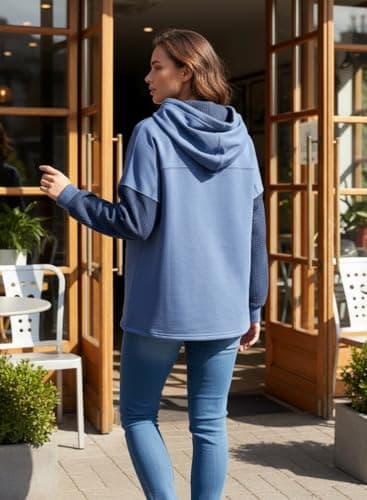 ZIZERY Womens Floral Patchwork Hoodie Oversized Sweatshirt Light-blue - Thumbnail 4