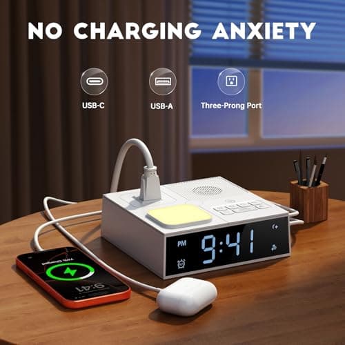 White Noise Sound Machine with Dual Alarm Clock - Soft Night Light 41 Non Looping Sounds USB Port Charger 3 Timers Memory Function 31 Adjustable Volume Sleep Sound Machine for Adult & Home Bedroom - Thumbnail 4