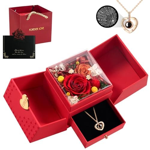 Tyvouflo Preserved Roses Forever Flowers with Heart in 100 Languages Mom Necklace Birthday Gifts for Her Wife Girlfriend Grandma on Valentines Christmas Anniversary Romantic-Red - Image 1