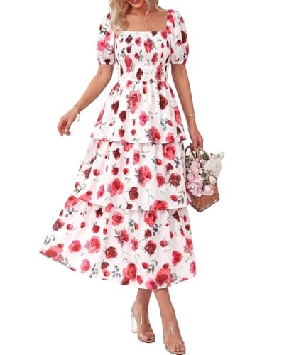 BTFBM Womens Square Neck Smocked Dress Summer Puff Short Sleeve Floral Casual Ruffle Tiered Maxi Wedding Guest Dresses(Floral White Red, Small) - Image 1