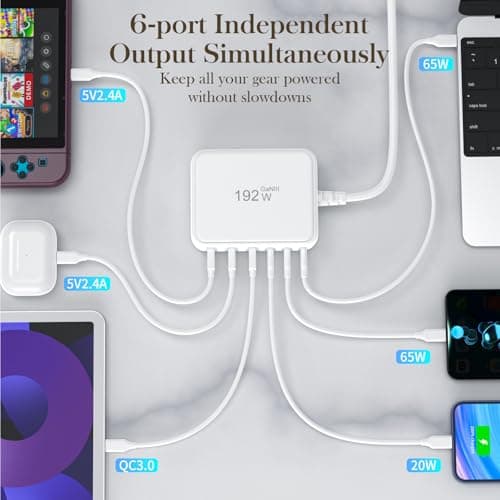 USB C Charger Block, 192W 6-Port Fast Charging Station, 65W GaN Power Adapter for Laptops, Standard Charge for Phones/Tablets, Compatible with MacBook/iPhone 16/iPad/Samsung - Thumbnail 6