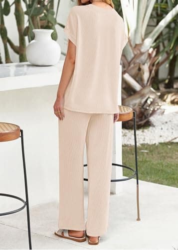 KIRUNDO 2 Piece Sets for Women Dressy Casual Ribbed Knit Short Sleeve Tops Wide Leg Pants Lounge Set Travel Airport Outfits(Apricot, Large) - Thumbnail 2