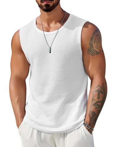 COOFANDY White Waffle Knit Sleeveless Shirt for Men Lightweight Breathable Tank Top Beach Vacation Tank Shirts XXL - Image 1
