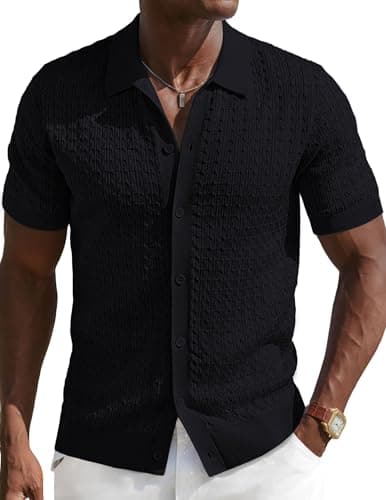 PJ PAUL JONES Black Polo Shirts for Men Casual Button Down Golf Polo Shirts Knit Textured Summer Polo T Shirts Black L - Image 1