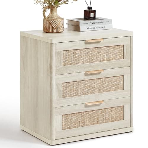 LEYAOYAO Rattan Night Stand with Drawers, 23" Large 3 Drawer Boho Nightstand, Grey White Bedside Table Storage Cabinet, Bed Side End Tables Dresser for Bedroom, Living Room, Hallway, Closet - Image 1