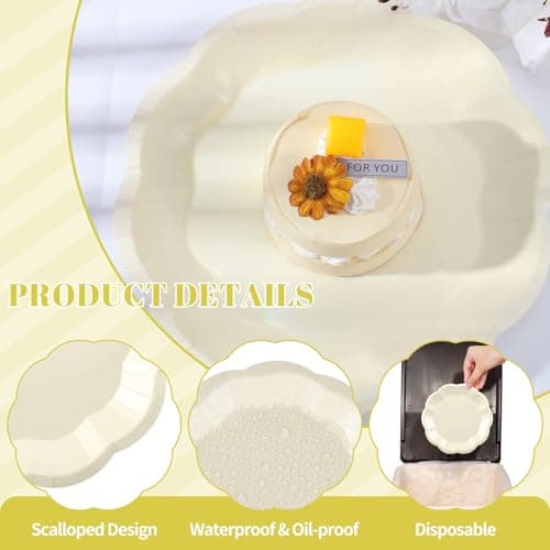 NatNarr 30 Pcs Paper Plates 7 In Ivory Party Plates Scalloped Paper Plate Cute Disposable Cake Plate for Baby Shower, Bridal Shower, Birthday, Wedding - Thumbnail 3