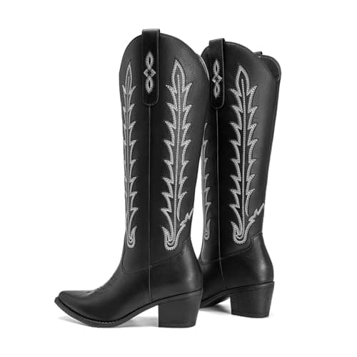 Athlefit Black Cowboy Boots for Women Cowgirl Knee High Comfortable Slip On Chunky Heel Square Toe Western Embroidered Tall Long Boots for Country Concert Black Size 10 - Thumbnail 6