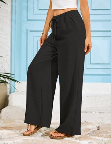 LOOKBOHO Wide Leg Pants for Women Flowy Palazzo Drawstring Elastic Waist Trousers with Pockets Summer Beach Vacation Clothes Black XL - Thumbnail 6