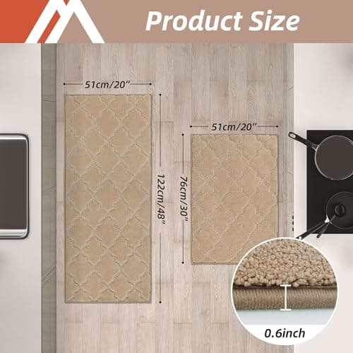 COSY HOMEER Soft Kitchen Rugs [2 PCS] for in Front of Sink Super Absorbent Kitchen Floor Mats and Mats 20x30 Inch/20X48 Non-Skid Kitchen Mat Standing Mat Washable,Polyester,Beige - Thumbnail 2