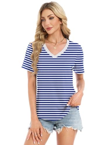 Womens Short Sleeve Tops T Shirts Summer T Shirts V Neck Blouses Plus Size Tunic Beach Vacation Boho Outfits, Blue/White Stripe M - Thumbnail 2